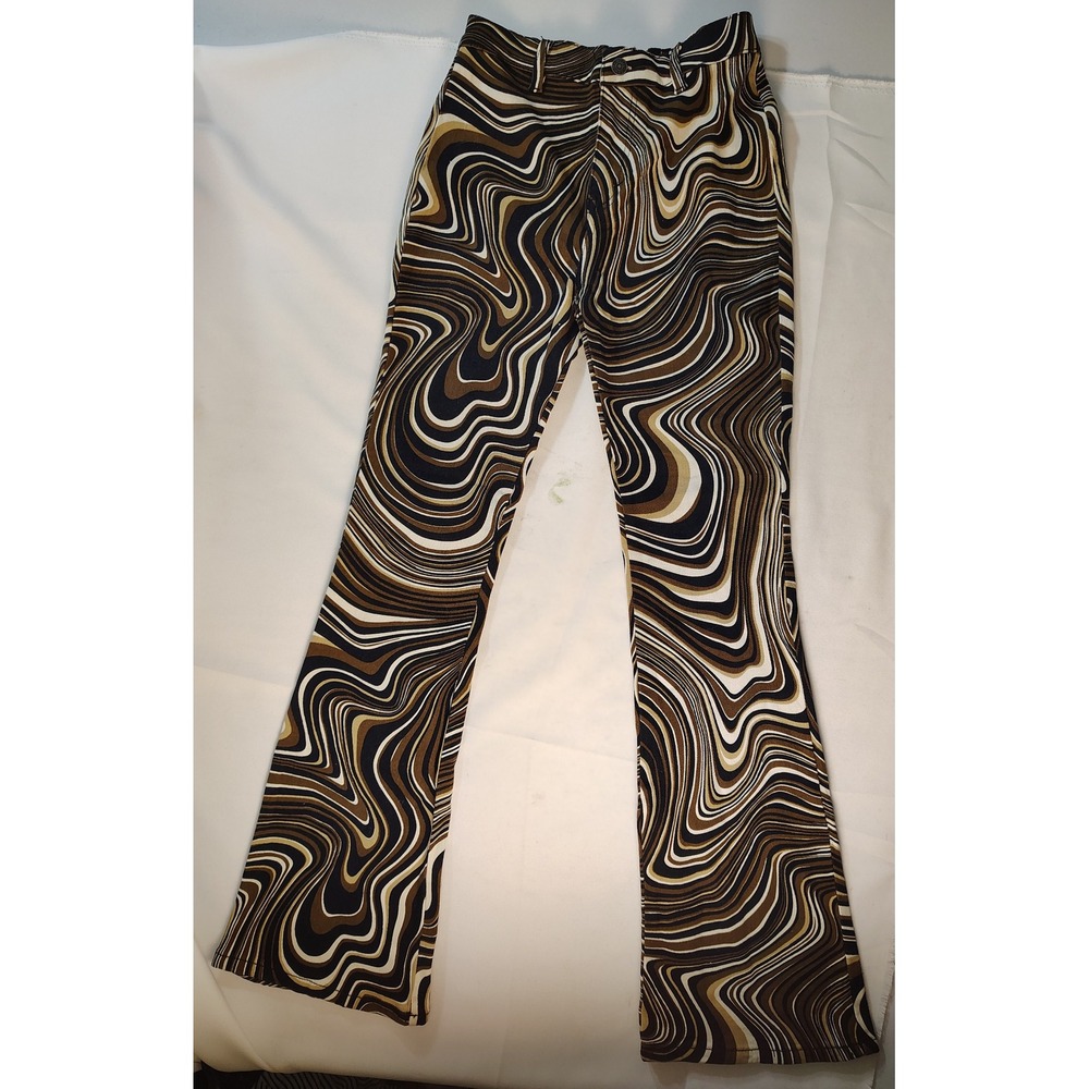 Motel Rocks Zoven Trouser 70s Ripple Flare Leg Pants Brown Tan Small NEW
